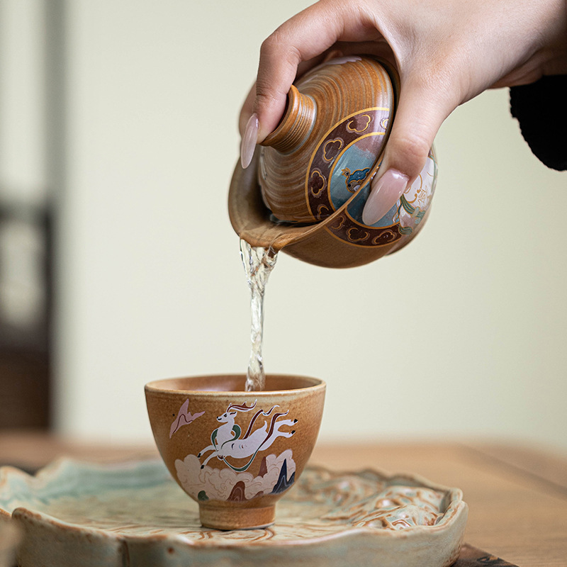 Bộ trà du lịch văn hóa và sáng tạo Đôn Hoàng, bát có nắp di động ngoài trời, cốc khách nhanh, bộ trà quà lưu niệm phong cách Trung Quốc