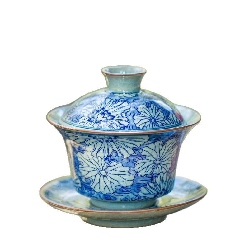 Bộ ấm chén trà gốm sứ kiểu cổ điển Trung Hoa truyền thống, hộp quà tặng, gồm 3 món: nắp, bát và ấm, bán buôn.