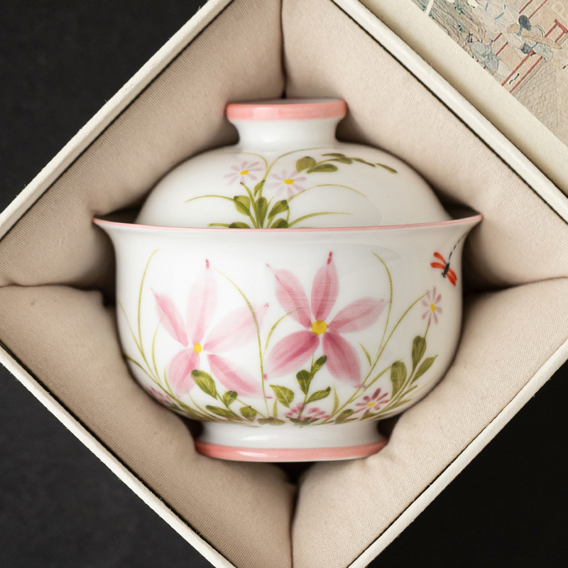 Cốc trà có nắp cao cấp, bát trà chuồn chuồn hoa cúc vẽ tay, bát trà gốm sứ gia dụng kiểu Trung Quốc có nắp, dụng cụ pha trà chống bỏng