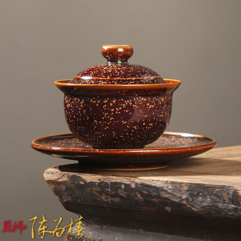 Bậc thầy thợ thủ công Chen Weichun Golden Gui Sancai Bát trà Cốc gốm sứ Bộ trà Kung Fu thủ công