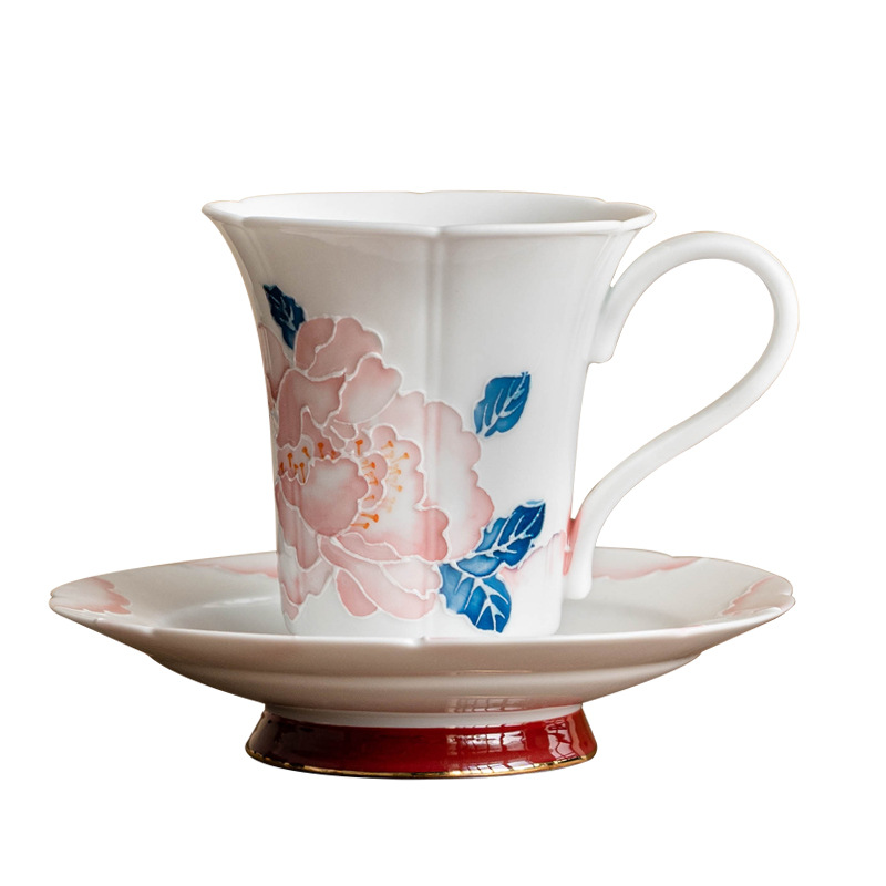 Bộ cốc và đĩa cà phê hoa mẫu đơn vẽ tay cho nữ cao cấp tinh tế cốc gốm sứ giá trị cao cốc nước