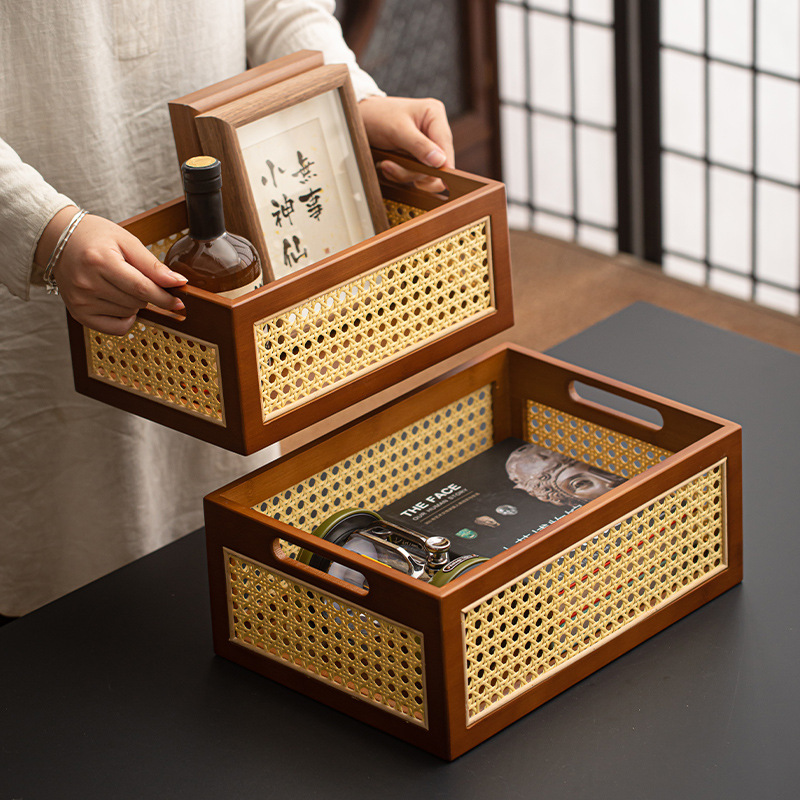 Giỏ đựng đồ bằng mây tre nâu để bàn giỏ đựng đồ retro nhà phòng khách handmade hộp đựng đồ lặt vặt hộp đựng đồ ăn nhẹ