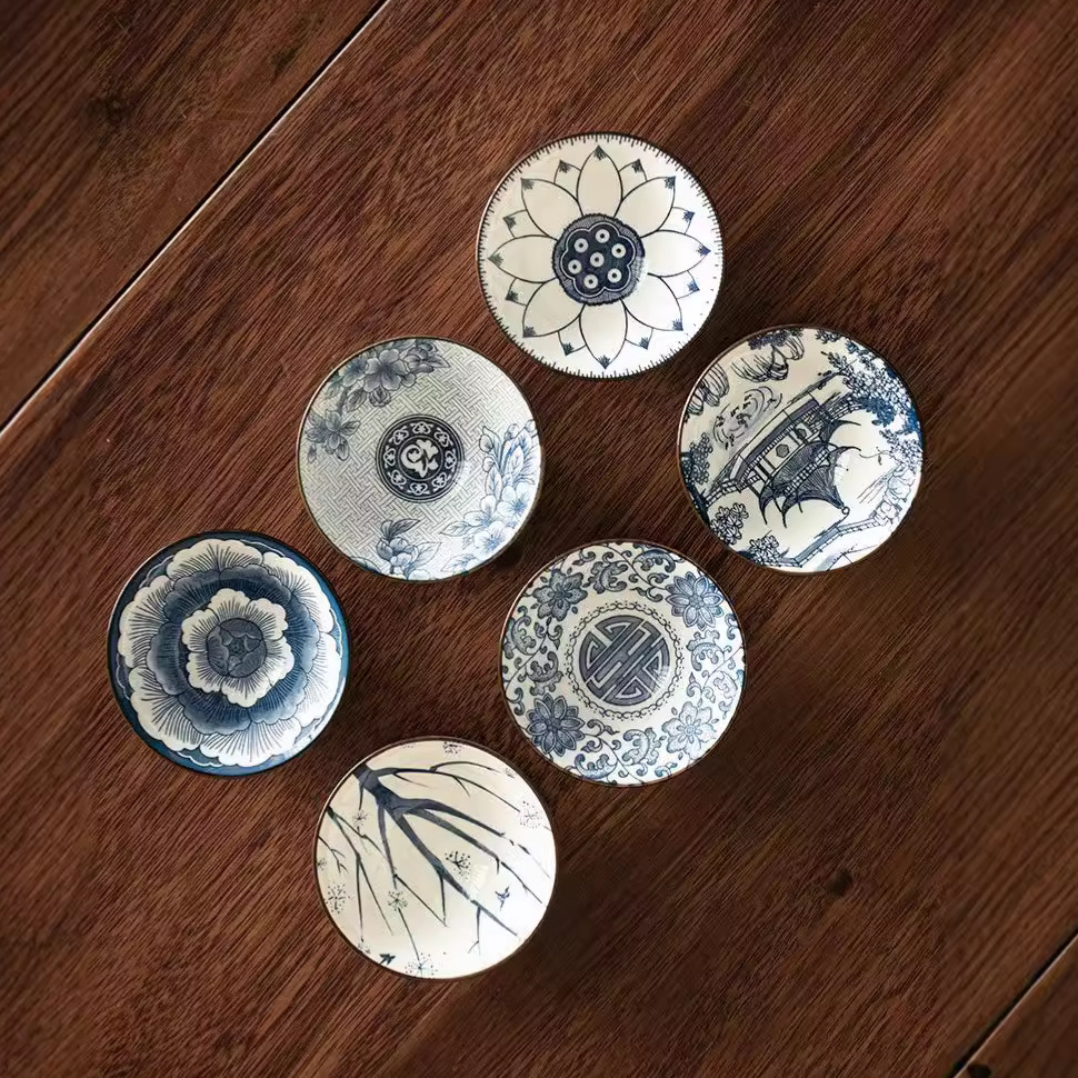 Cốc trà Kung Fu sứ trắng xanh bộ 6 bộ trà cốc xô gốm cốc trà cốc đơn cốc có nắp bát trà cốc chủ nhân