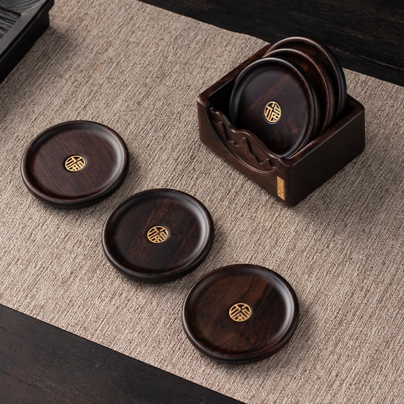 Tấm lót tách trà gỗ nguyên khối bằng gỗ đàn hương đen, tấm lót tách trà, tấm cách nhiệt, tấm lót bát, tấm lót bộ trà Kung Fu, tấm lót trà, hình tròn 6 miếng