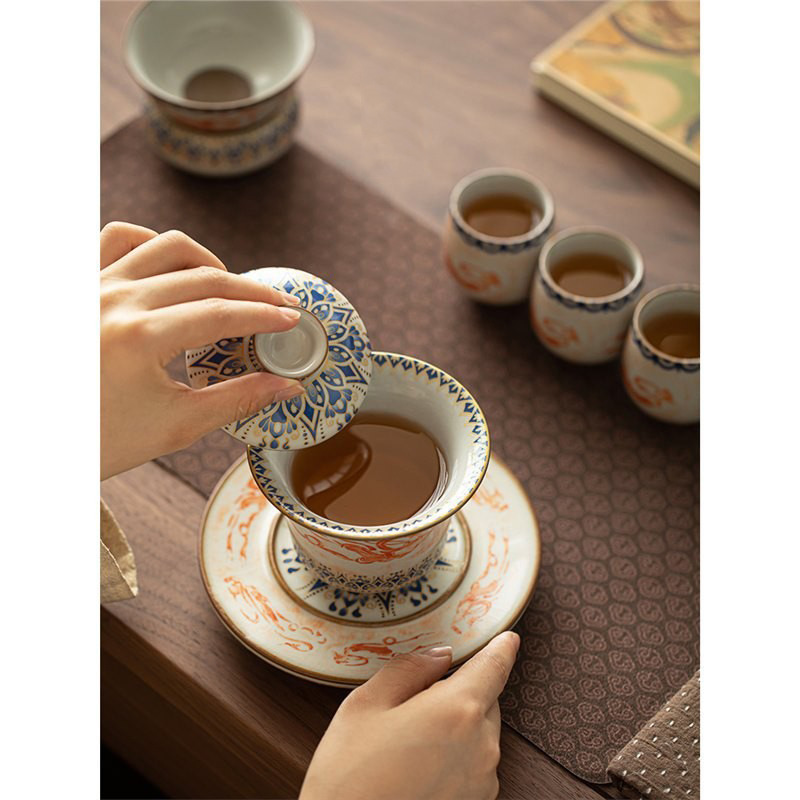 Ruyao Đôn Hoàng Flying Sky Horseshoe Sancai Bát có nắp Bộ ấm trà Kung Fu Bộ chén trà gốm sứ gia dụng trọn bộ