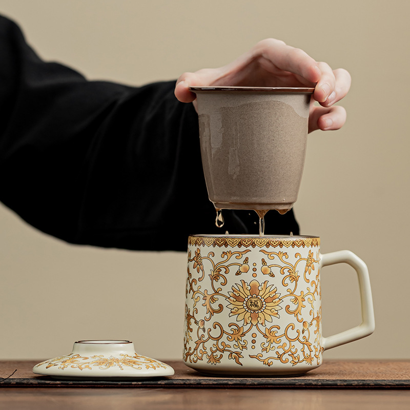 Cốc văn phòng Ruyao Kim Hoa Youfu Cốc gốm sứ gia dụng Cốc pha trà Cốc tách trà cá nhân văn phòng