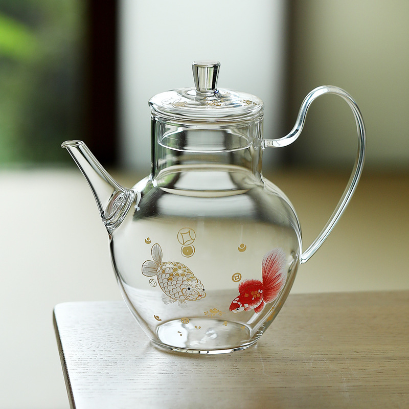 Ấm trà xanh thủy tinh chịu nhiệt borosilicate cao được Ứng dụng bằng tay, ấm trà hoa pha lạnh, bộ trà kung fu, ấm trà, ấm đơn.