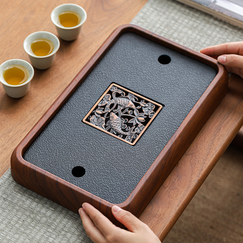 Khay trà gia dụng kiểu Trung Quốc mới khay pha khô bằng đá phiến khay trà gỗ nguyên khối khay trà bộ trà kungfu thoát nước