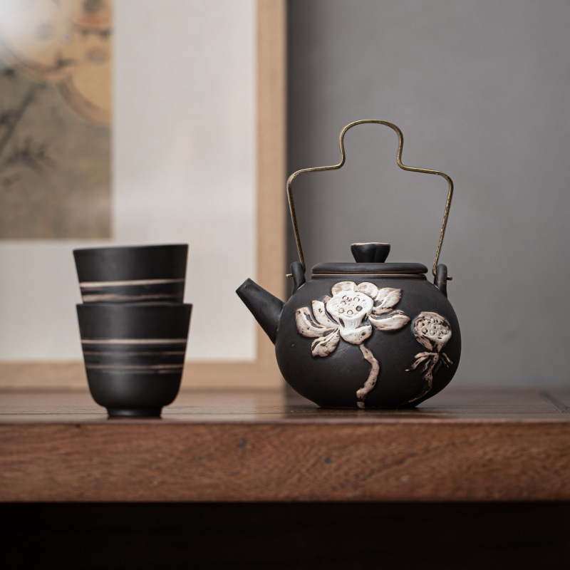 Wabai Jifeng Lotus Rhyme Handle Rhyme Dụng cụ pha trà có lỗ lọc bằng gốm thô Bộ trà Kung Fu Ấm trà thủ công Ấm đơn