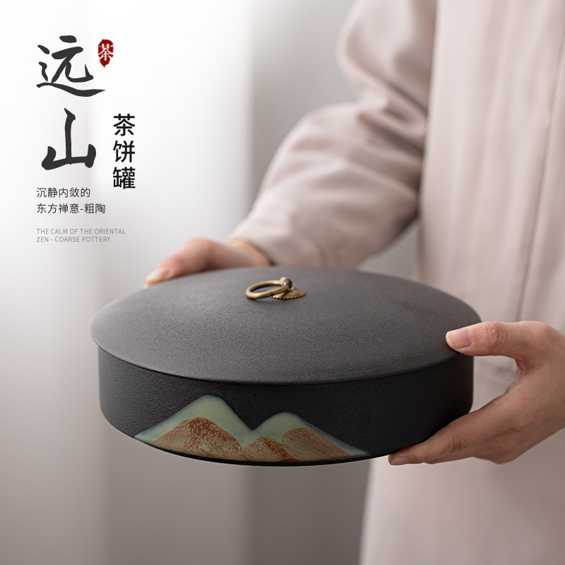 Hộp đựng bánh trà núi xa vẽ tay, hộp đựng trà gốm sứ cỡ lớn, hộp đựng trà trắng, hộp đựng trà Pu'er, phụ kiện bộ trà