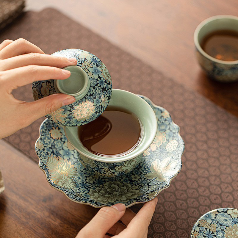 Bát nắp tam tài hoa văn gốm sứ gia dụng phong cách Trung Quốc cổ điển bộ trà sứ bát sứ đồ pha trà lớn màu xanh và trắng
