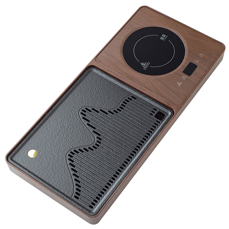 Khay trà tự động nhỏ tích hợp tự động cao cấp màu quả óc chó, máy đun trà, ấm đun nước, loại thoát nước gia đình