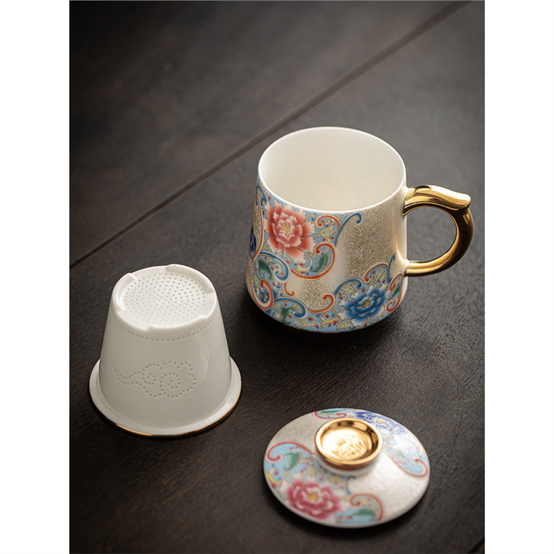 Cốc pha trà tráng men cloisonné bạc nguyên chất cao cấp tách trà gốm sứ chuyên dụng có nắp cốc văn phòng