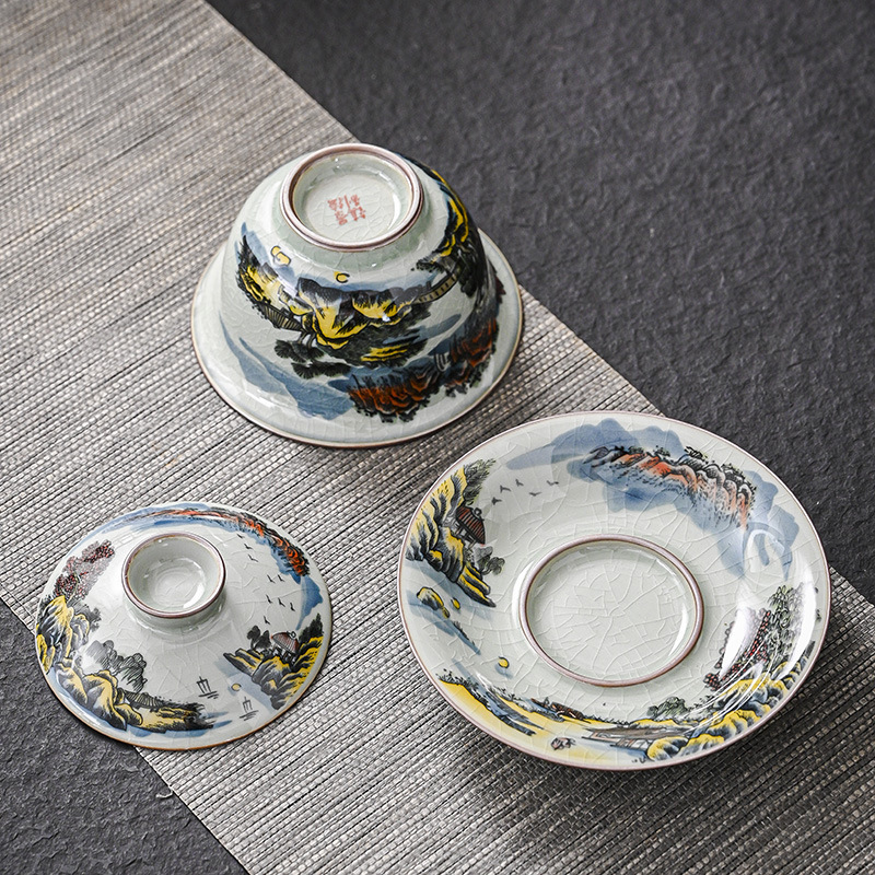 Jingdezhen Sancai có nắp, cốc trà, bộ trà, bát trà sứ trắng xanh, bát kung fu gốm sứ dùng trong văn phòng gia dụng