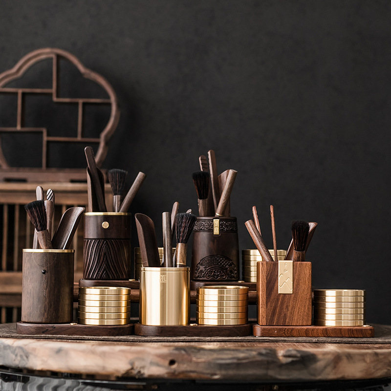 Bộ đồ trà sáu quý ông bằng gỗ rắn Phụ Kiện Dụng cụ lót tách trà gỗ Đàn hương đen trà đạo 6 quý ông dao trà cao cấp