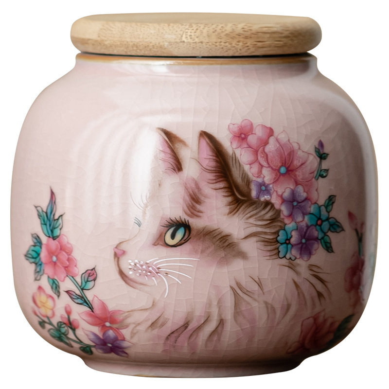 Hộp đựng trà mèo hoa lò Fenru, hộp đựng trà nhỏ bằng gốm, hộp kín chống ẩm, trà đen, trà xanh, kho trà Pu'er