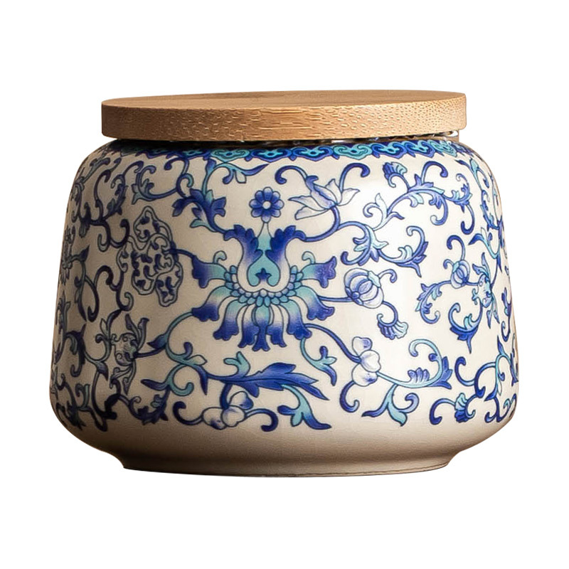 Bình đựng trà gốm sứ, bình đựng trà hoa sen xanh trắng ở lò cảm giác cao cấp, bình kín chống ẩm, bình đựng trà kiểu Trung Quốc