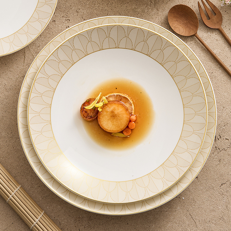 Đĩa ăn cơm vàng vàng lộng lẫy Đĩa gốm sứ Đĩa ăn gia dụng Đĩa ăn tây sang trọng cao cấp Đĩa tròn đĩa salad trái cây