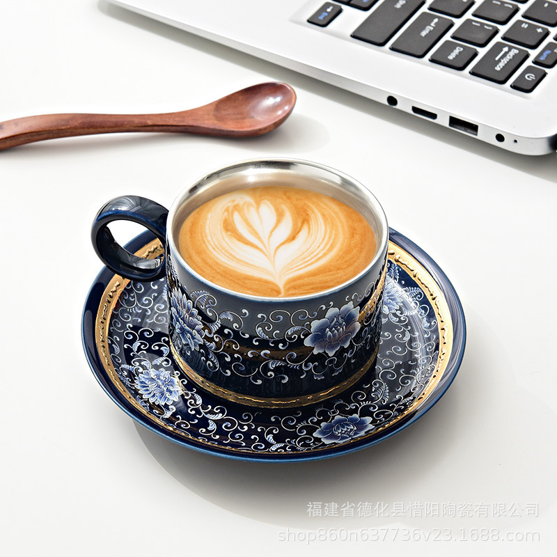 Bộ tách cà phê cốc Latte tráng men Jingdezhen cốc cà phê sứ xương cổ điển Văn Phòng Nam Nữ Phong Cách ins