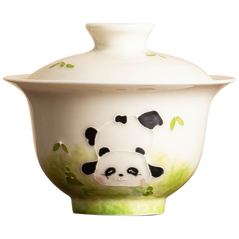 Bát có nắp thứ hai màu xám thực vật, đống vẽ tay, gấu trúc chạm khắc, bát có nắp, cốc pha trà, bát pha trà Kung Fu gia dụng có nắp