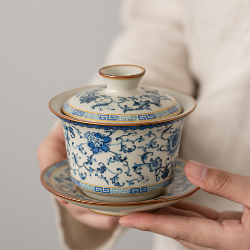 Bát có nắp tam tài ở lò Ru vàng, bát pha trà cỡ lớn gia dụng, dụng cụ pha trà Kung Fu, cốc trà, dụng cụ pha trà đơn