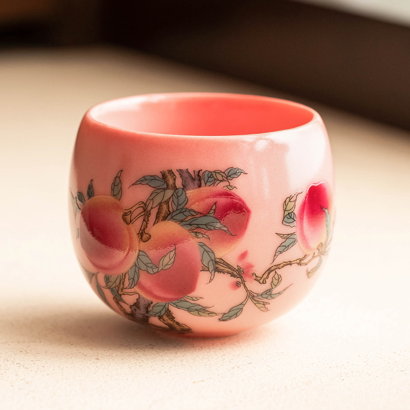 Cốc trà gốm sứ cốc chủ nhân cao cấp mỡ lợn bột đông Rufencai chín đào tròn cốc trà cốc trà cốc đơn