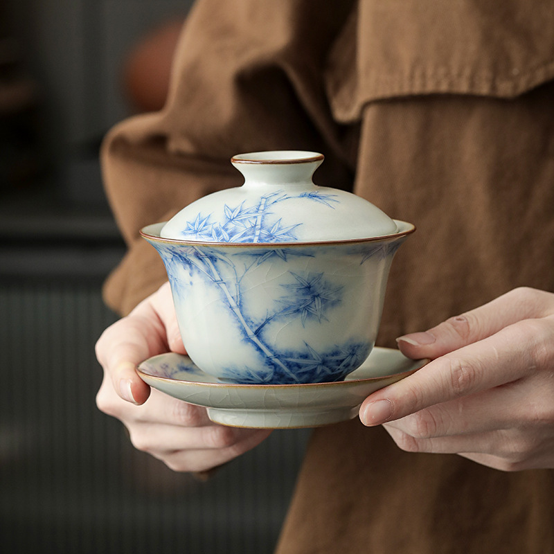 Bát trà có nắp lò Ru màu xanh và trắng, ấm trà đơn cao cấp, ấm cầm tay, bộ trà du lịch gia dụng, bát trà chống bỏng có nắp