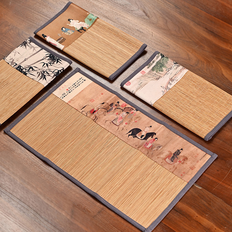 Cửa hàng trà tre cổ điển giữa Đại sảnh Da'an, chiếu trà nhỏ, vải tre, tranh cổ, đệm dệt tre, bàn thiền, đồ trà