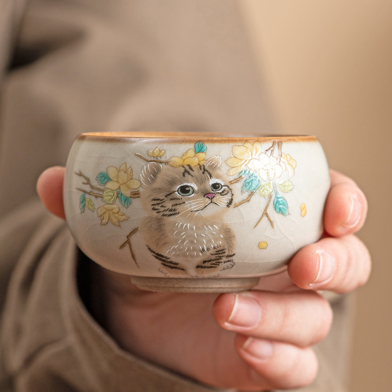 Cốc chủ nhân mèo dễ thương hoa vàng Ru Kiln cốc đơn gia dụng có thể mở cốc uống trà cốc gốm sứ dễ thương cao cấp cốc trà