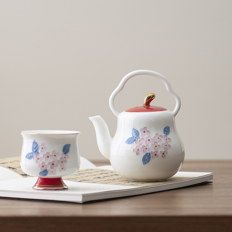 Ấm trà tráng men màu vẽ tay, ấm đơn hoa cẩm tú cầu cổ điển, dụng cụ pha trà gốm sứ cao cấp gia dụng