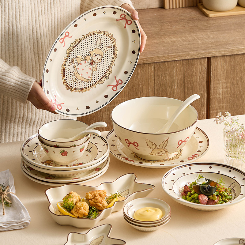 Bộ đồ ăn tráng men, bộ bát đĩa, bát đĩa gốm sứ gia dụng, đĩa ăn sáng tạo, thỏ hoạt hình dễ thương, tân gia, nhà mới