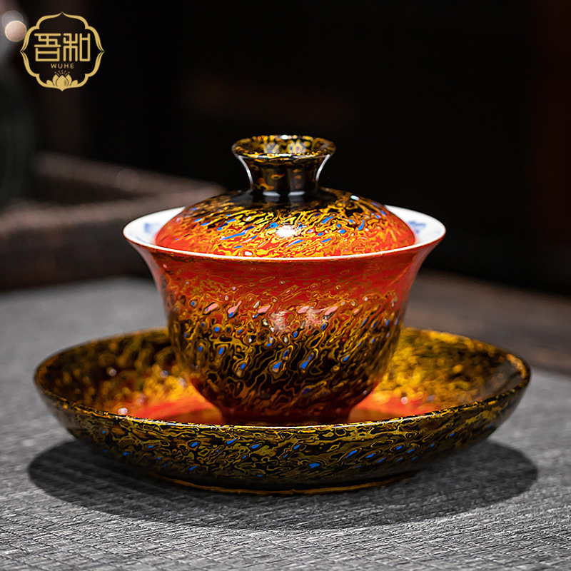 Bộ trà Suyuan Lacquerware Phủ Châu Sơn Mài Màu đỏ Ngọc trai Dung tích lớn Không nóng Bát phủ ba tài Bát trà vẽ tay