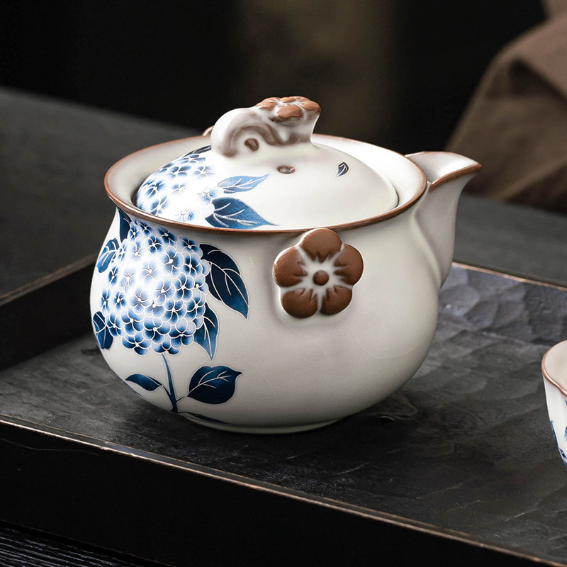 Ấm đun nước cầm tay tinh xảo Ru Kiln bình trà hoa cẩm tú cầu Ruqing bình pha trà gia dụng một bình hai cốc dụng cụ pha trà Kung Fu