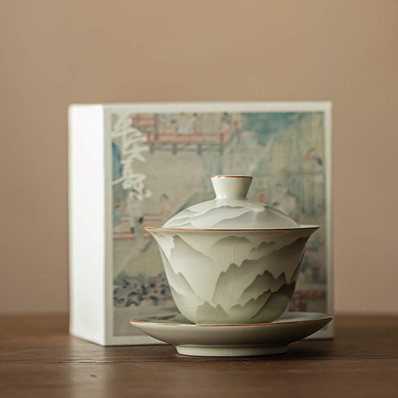 Núi như hoa Ru lò bát có nắp ba tài một bát pha trà gốm sứ cổ điển sang trọng có nắp cốc trà bộ trà Kung Fu