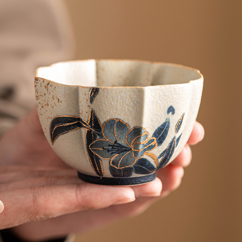 Cốc trà gốm đá lửa trắng xanh cốc chủ nhân cốc hoa huệ vẽ tay bằng vàng cốc uống trà cỡ lớn cốc trà gia dụng