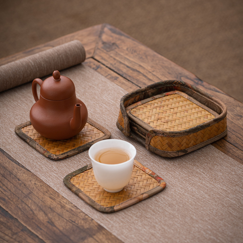 Tấm lót cốc nghệ thuật vải sa tanh đan tre thủ công Tấm Lót Cốc cách nhiệt Phụ Kiện Bộ trà Kung Fu tấm lót cốc trà Tấm lót bàn ăn