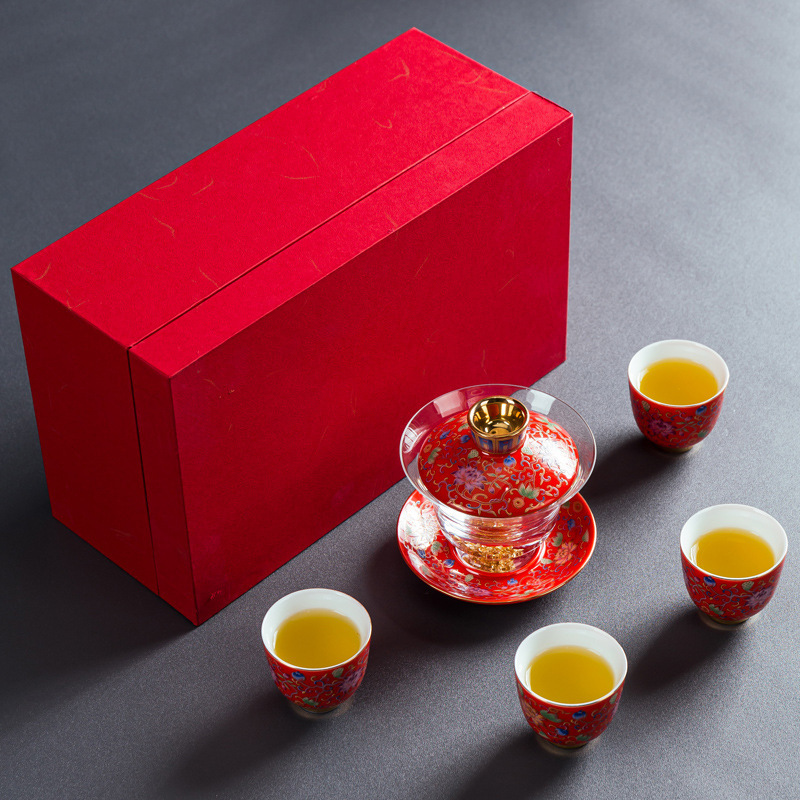 Bộ dụng cụ trà Kung Fu có nắp thủy tinh tráng men gia dụng ấm trà tam tài trong suốt dày chịu nhiệt