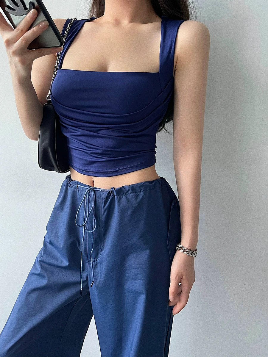 YoungGirlDay Áo crop top không tay cổ vuông khoét sâu gợi cảm phong cách Âu Mỹ kiểu dáng ôm sát.