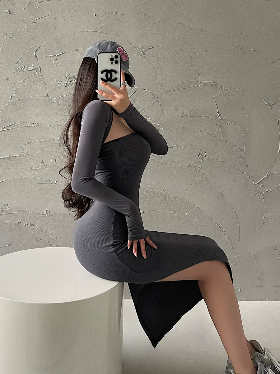 YoungGirlDay khao khát thuần khiết hot girl gợi cảm ôm sát tôn dáng xẻ tà dài vừa phải váy bodycon ống bó sát