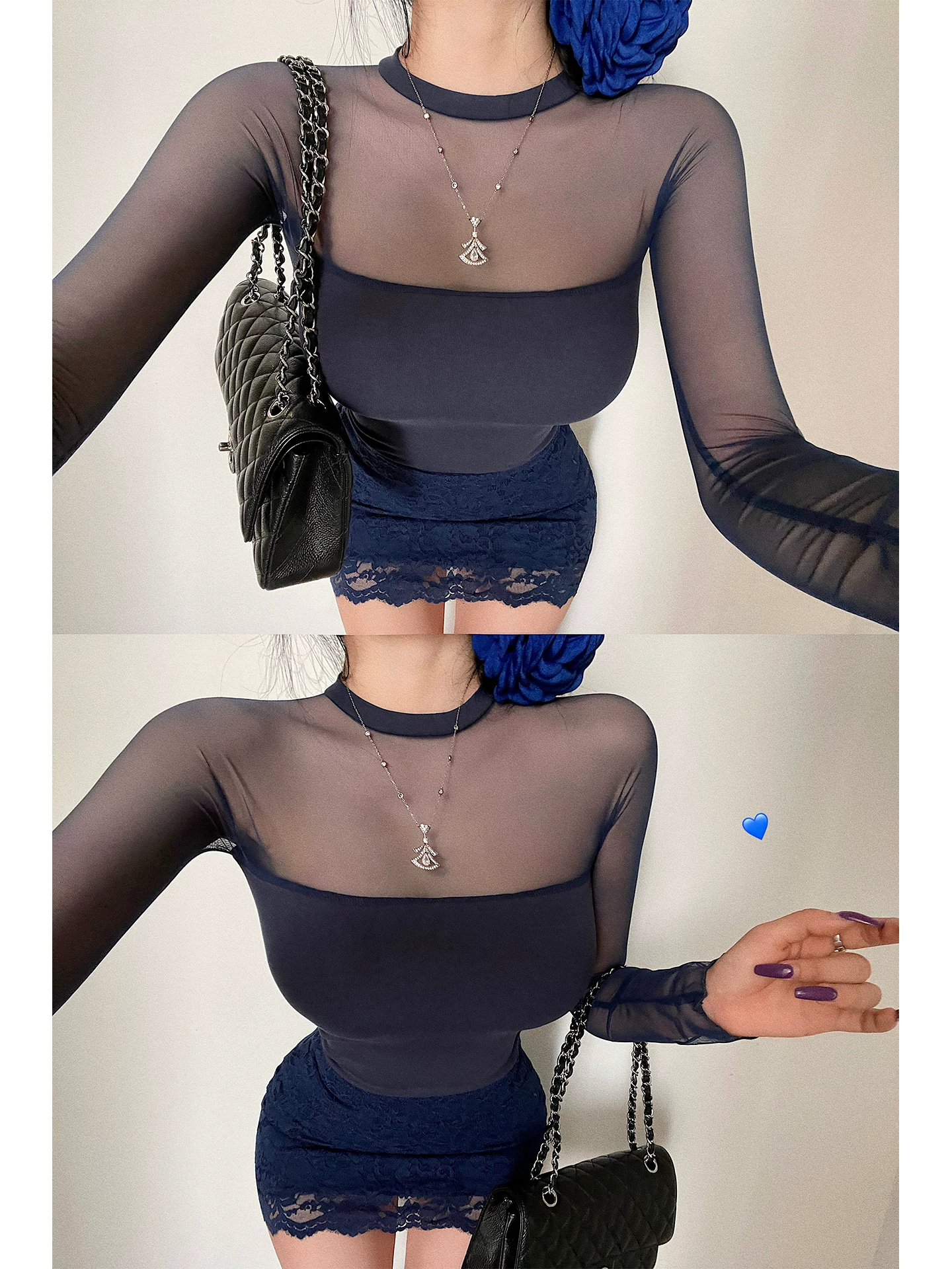 YoungGirlDay Pure Desire Áo thun dài tay cổ tròn gợi cảm Slim Fit lưới chắp vá có miếng đệm ngực tích hợp