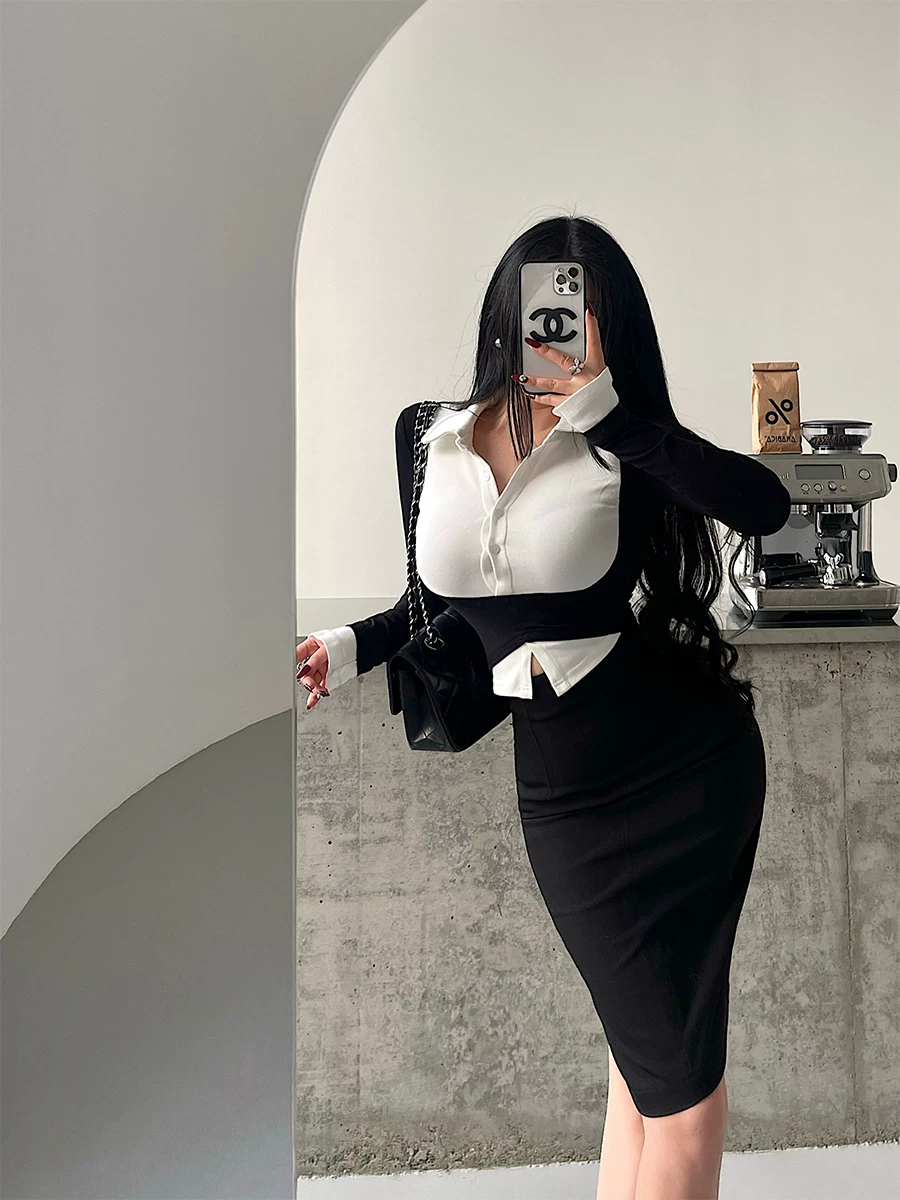 YoungGirlDay phong cách Hàn Quốc thuần khiết khao khát OL áo sơ mi giả hai mảnh phối màu đơn giản, bộ váy ôm eo cao