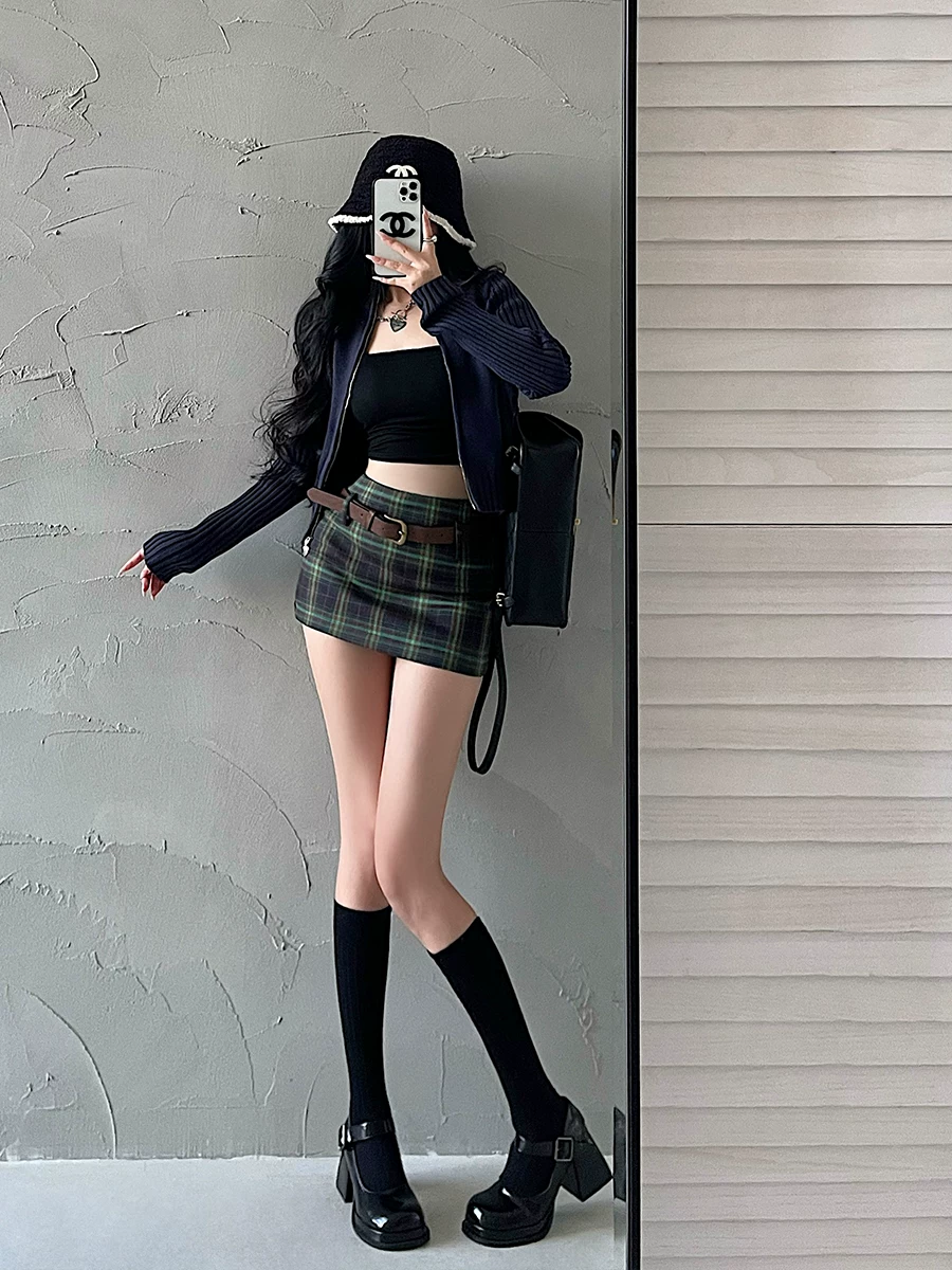 YoungGirlDay Váy ngắn ôm hông kiểu Mỹ cổ điển cạp cao kẻ sọc chống lộ hàng, có thắt lưng hợp thời trang