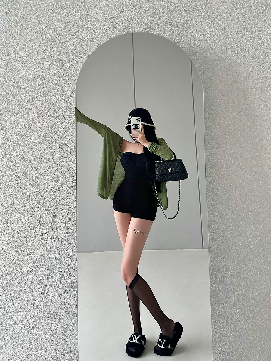 YoungGirlDay Pure Desire gợi cảm áo ống có đệm lót tay dài áo cardigan dài tay cạp cao xếp nếp quần short