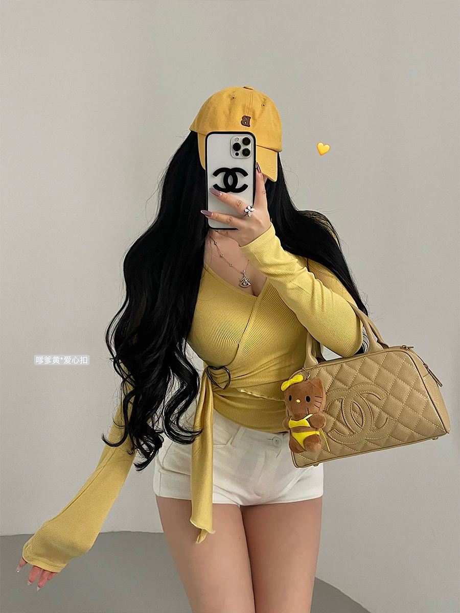 YoungGirlDay khao khát thuần khiết gợi cảm cổ chữ V nút hình trái tim thiết kế dây ruy băng thon gọn eo thon gọn áo thun dài tay