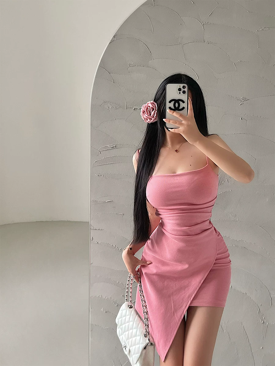 YoungGirlDay khao khát thuần khiết gợi cảm ôm sát eo có dây đeo spaghetti ôm sát cơ thể không đều váy ngắn