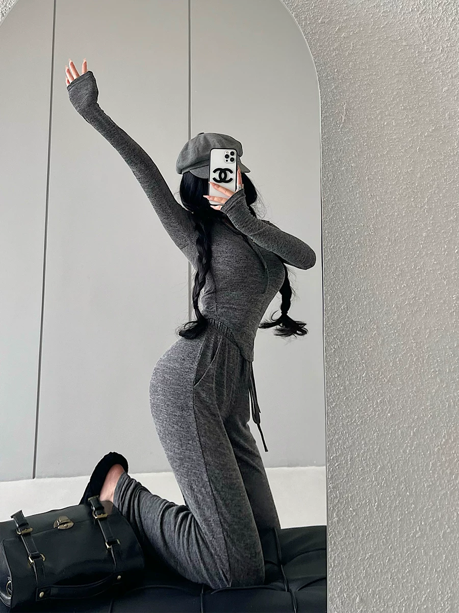 YoungGirlDay Pure Desire Style Slim Fit Tie Áo thun dài tay có dây rút eo cao Quần âu dài đến sàn Bộ quần dài