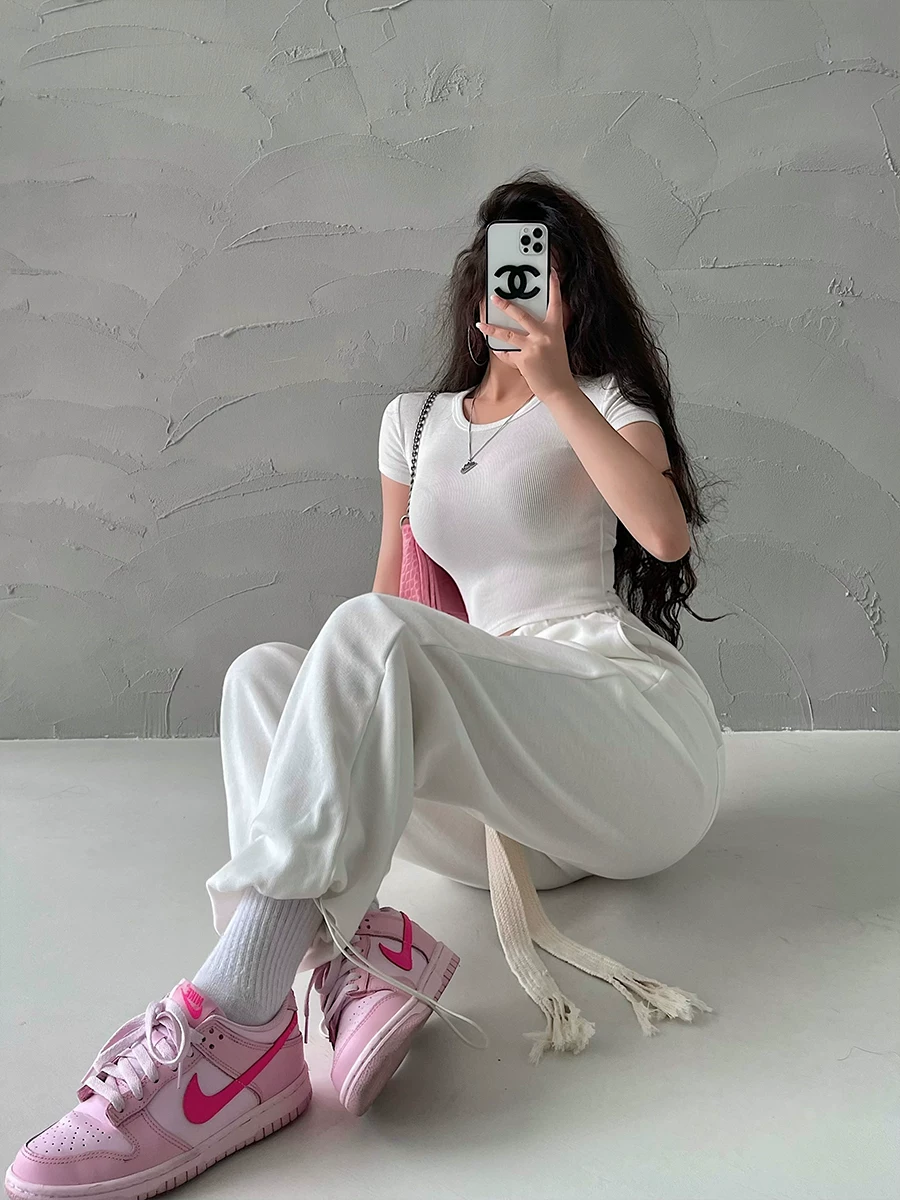 YoungGirlDay Áo thun ngắn tay màu trơn kiểu Âu Mỹ cơ bản gợi cảm cổ tròn ôm vừa vặn co giãn màu trơn