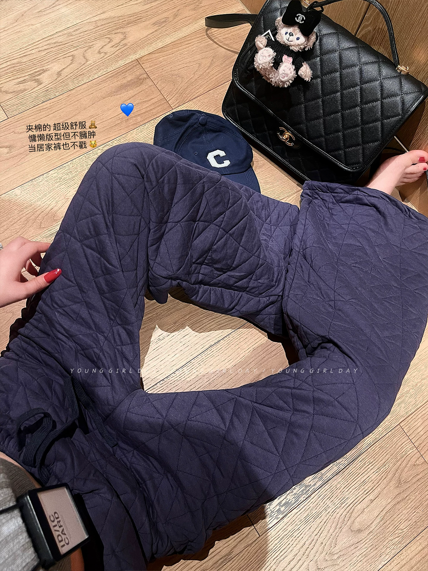 YoungGirlDay Quần jogger cạp cao kiểu Mỹ có dây rút, lót bông chần bông, quần thể thao ống rộng ấm áp, quần dài chạm sàn.