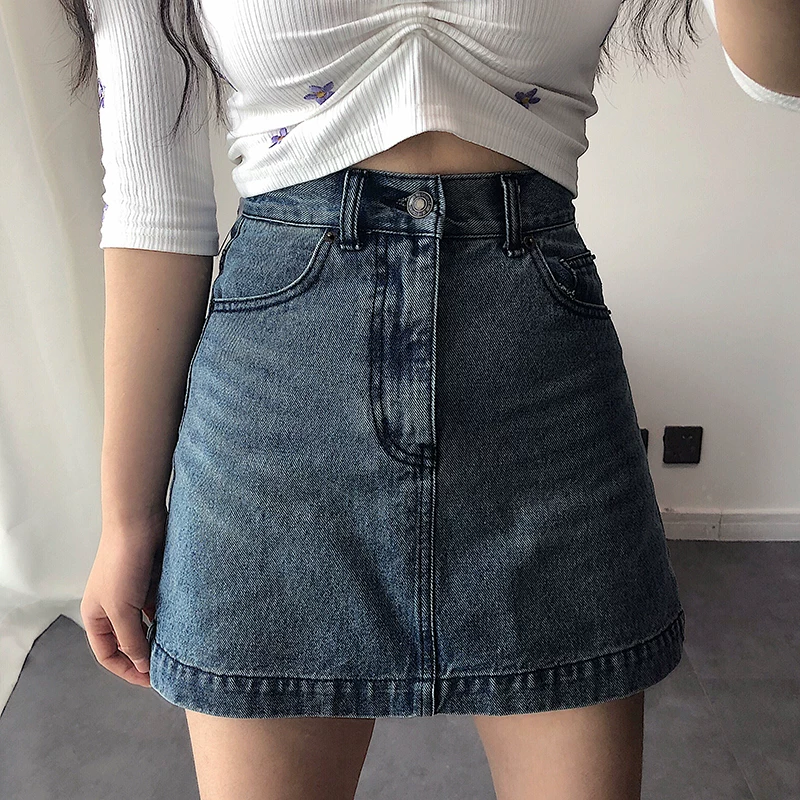YoungGirlDay Phong cách châu Âu và Mỹ, chân váy ngắn denim vintage cạp cao có túi, kiểu dáng chữ A đa năng, đã qua xử lý làm cũ