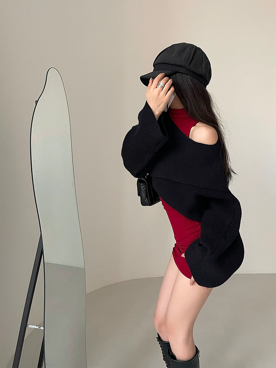 YoungGirlDay hot girl thời trang dáng rộng, giảm béo, viền chéo, áo len dệt kim ngắn tay dài, áo choàng cardigan
